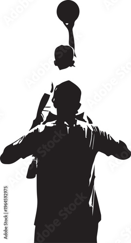 Silhouette of man juggling balls, business casual outfit, black and white illustration, vector graphic
