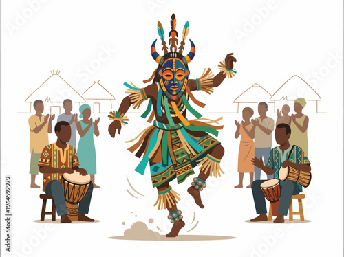 African Tribal Dancer in Mask Performing with Drummers