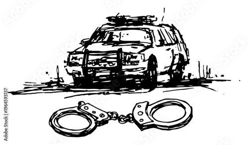 Handcuffs lying on the ground in front of a police car in a hand drawn sketch style