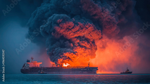 Burning oil tanker at sea with massive smoke plume and fire