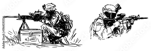 Soldiers with assault rifles and tactical equipment aiming in hand drawn sketch style