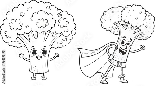Cute Broccoli Character Cartoon Set – Funny Vegetable Mascot and Superhero Broccoli Coloring Page Illustration