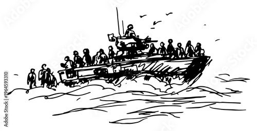 Landing craft transport boat full of soldiers at sea in hand drawn sketch style