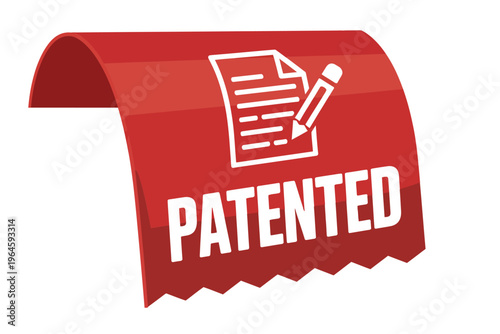 A red ribbon banner displays the word patented with a document icon