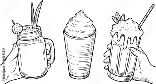 Milkshake drinks vector set, hand drawn smoothies and shakes in glasses dessert beverage illustration