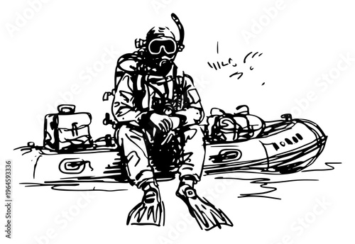 Quadro su tela Combat diver sitting on inflatable rubber boat in hand drawn sketch style