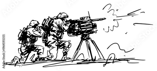 Foto Soldiers firing heavy machine gun on tripod during combat mission sketch style