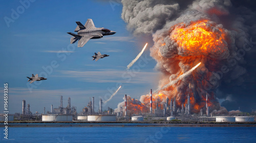 Airstrike on Iranian oil refinery with massive explosion and fighter jets