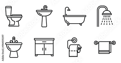 Bathroom essentials including toilet, sink, bathtub, shower, and cabinet, line drawing icons