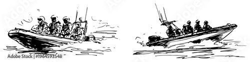 Military personnel in inflatable motor boats on water sketch style