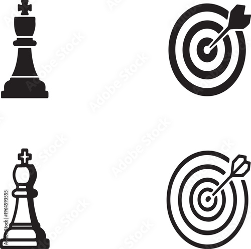 strategy icons, chess pieces, targets with arrows, business symbols, vector graphics