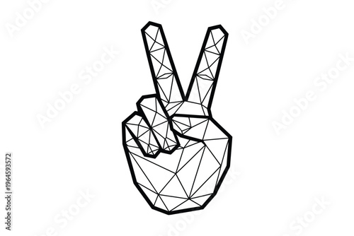Geometric hand displaying a peace sign in a black and white design
