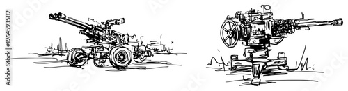 Heavy artillery anti aircraft gun and machine gun on tripod sketch style