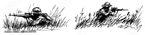 Snipers hiding in tall grass aiming rifles during reconnaissance black and white sketch