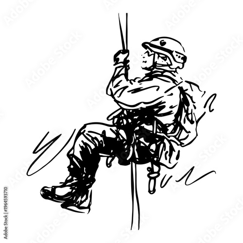 Soldier rappelling down rope during tactical training black and white sketch