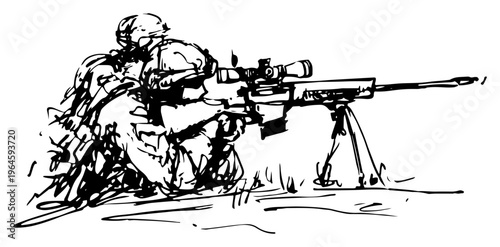 Sniper in camouflage gear aiming heavy rifle on bipod black and white sketch