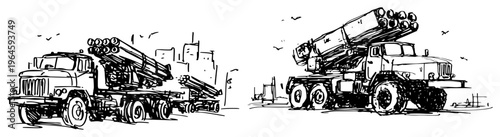Multiple rocket launcher trucks stationed on battlefield black and white sketch