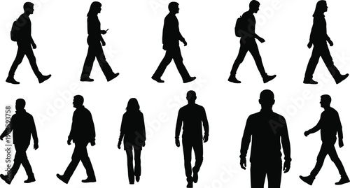 A collection of twelve black silhouettes depicts diverse people walking showcasing various postures and clothing styles in a minimalist design high quality professional