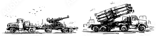 Military rocket launcher truck and artillery transport vehicle in a hand drawn sketch style