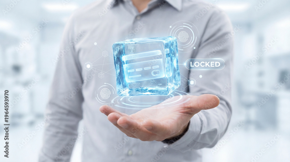 Fototapeta premium Frozen data security concept with glowing locked credit card icon in ice cube hovering above businessman open palm, conveying protection, encryption and cold storage confidence