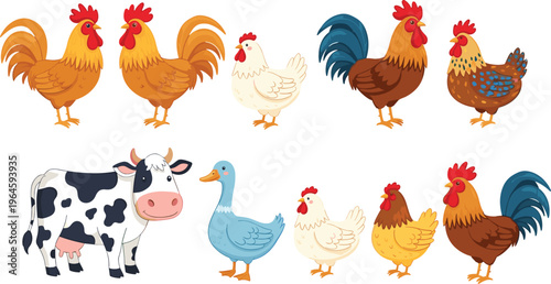 Illustration of Farm Animals, Including Chickens, Roosters, Cows, and Geese, in a Cute and Colorful Style