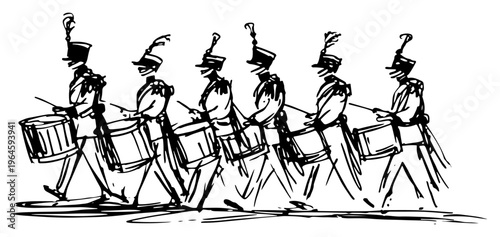 Military drummers marching in line with snare drums in hand drawn sketch style
