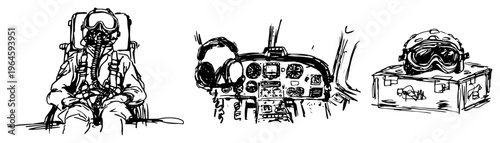 Aviation pilot in cockpit with flight gear and dashboard in hand drawn sketch style