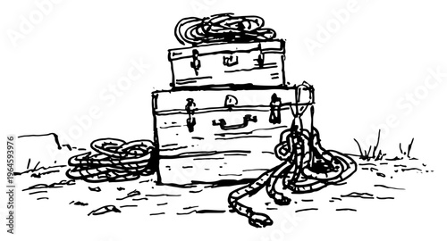 Wooden crates and ropes on ground in hand drawn sketch style