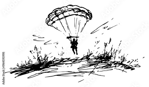 Paratrooper landing on field with open parachute in hand drawn sketch style