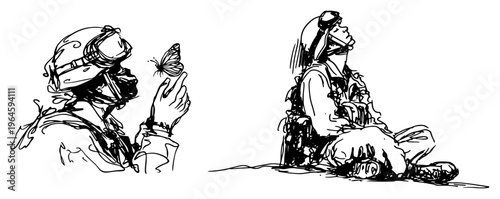 Soldier looking at a butterfly and soldier sitting in reflection in a hand drawn sketch style