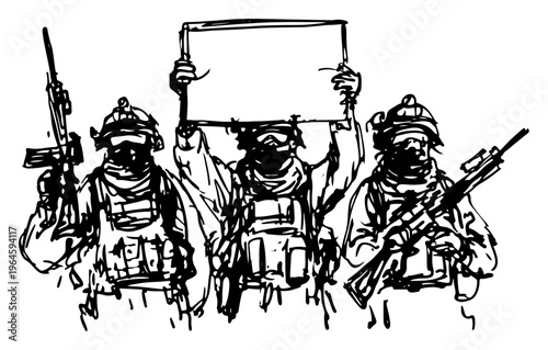Soldiers holding a blank sign and rifles in a hand drawn sketch style
