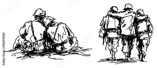 Soldiers supporting a wounded comrade and resting together in a hand drawn sketch style