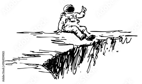 Astronaut sitting on edge of lunar cliff giving thumbs up sketch style