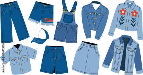 Jeans clothes vector set featuring ripped denim casual fashion with cartoon jean jackets, pants, shorts, skirts, dresses and trendy outfits
