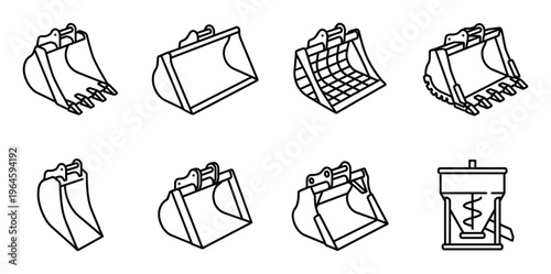 Excavator buckets and attachments for heavy construction machinery outline icons set