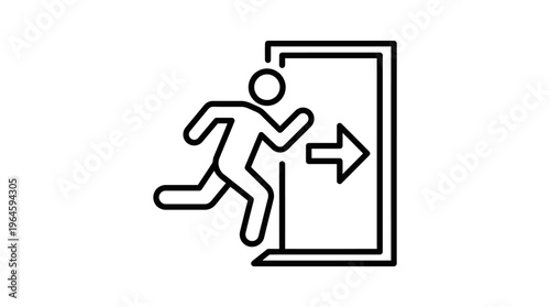 Outline icon of a person running out an emergency exit door with arrow, isolated white background