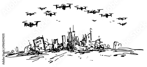 Drone swarm flying over destroyed city ruins in sketch style