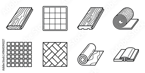 Flooring materials and surface patterns icons of wood planks and ceramic tiles with carpet rolls