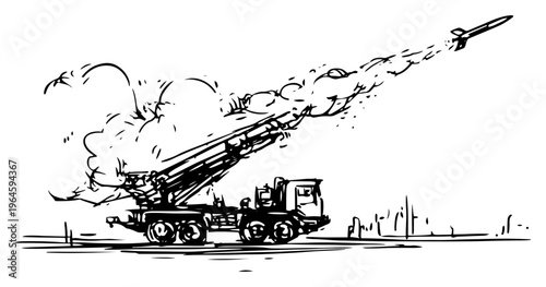 Rocket launcher vehicle firing missile with smoke trail in sketch style