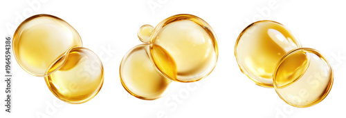 Two golden oil bubbles set isolated on transparent background. cosmetic serum, skincare product style. PNG