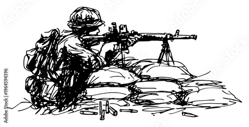 Soldier aiming machine gun from behind sandbags in battlefield sketch style
