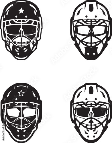 Hockey goalie mask icons, black and white helmets, ice hockey gear, sports equipment