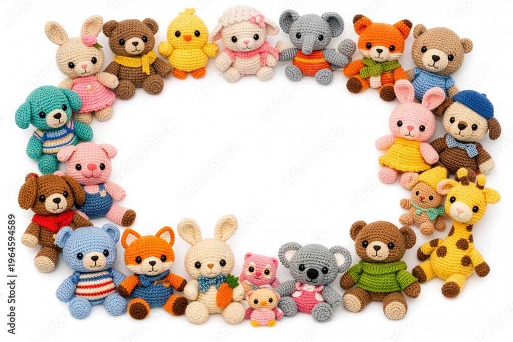 Fototapeta premium A charming collection of handmade crochet animal toys arranged in a oval frame, isolated on white background. Perfect for nursery themes, product displays and children’s content.
