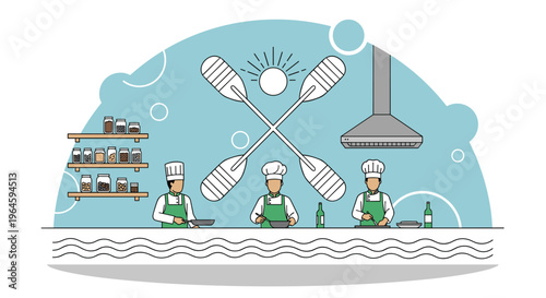 Professional kitchen illustration with three male chefs in green aprons and spice shelves vector graphic