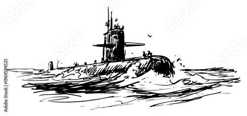 Submarine cruising on the surface of the ocean in dynamic hand drawn sketch style