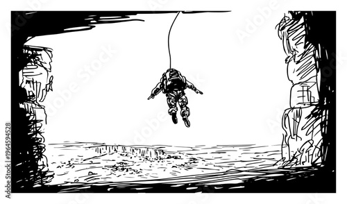 Paratrooper jumping from aircraft ramp over wide landscape black and white sketch