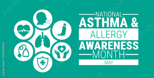 National Asthma and Allergy Awareness Month background, banner, card or poster design template is observed every year during May, to raise awareness about the mission. Vector illustration.