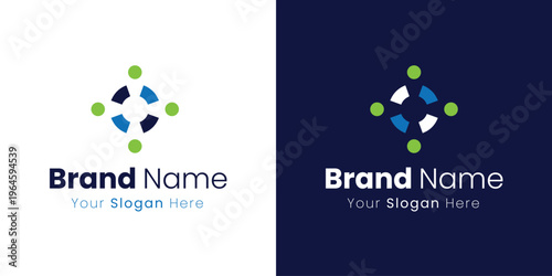 An abstract connection logo with green dots and blue segments. brand identity logo design