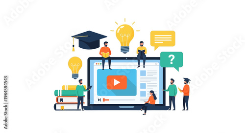 Online Education E-learning Concept. Digital Classroom and Remote Study Group watching a Video Tutorial on a Laptop. Knowledge Sharing and Distance Learning.