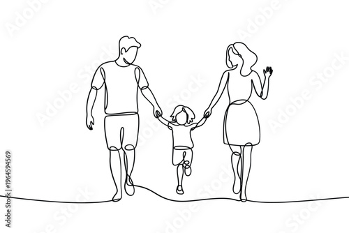 Family walking together depicted in a continuous line drawing style